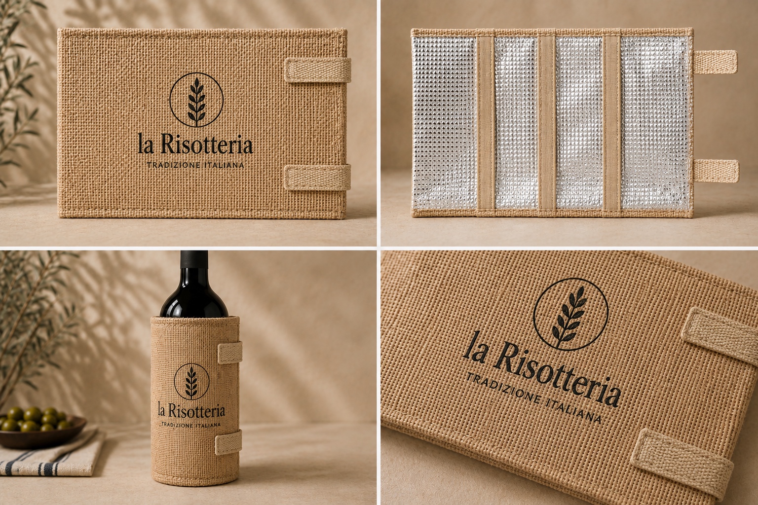 Rendering reale del prodotto Easy La Risotteria con vista frontale, interna e su bottiglia