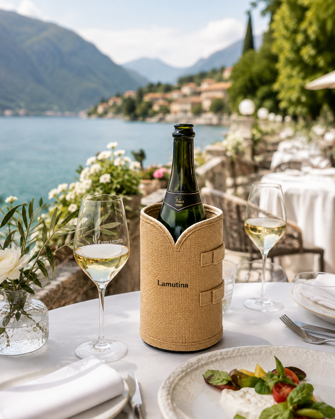 Franciacorta con La Mutina su tavolo vista lago di Garda
