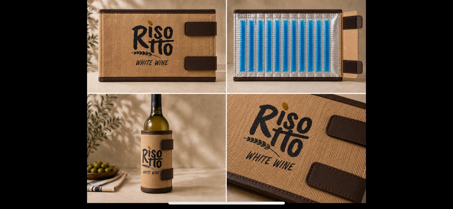 Rendering reale del prodotto Premium White Wine con vista frontale, pannello gel e bottiglia